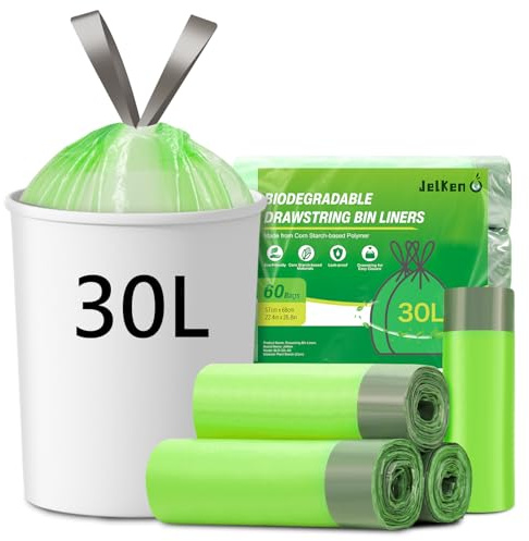 JelKen 60 Biodegradable Bin Liners 30L with Drawstring Tie Handle, Food Waste Bags Strong Trash Bags (57 x 68cm)