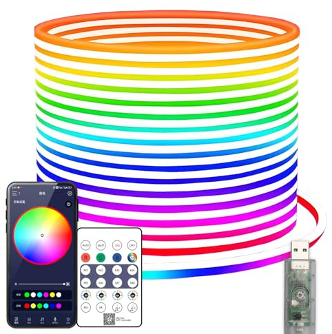 YMY 5V USB RGBIC Neon Strip Light, IP67 Waterproof RGB LED Decor Light, DIY Dynamic Rope Light Strip with APP/Remote Control Dual Control for Indoor Outdoor Decoration (5M RGBIC 360° Neon Strip)