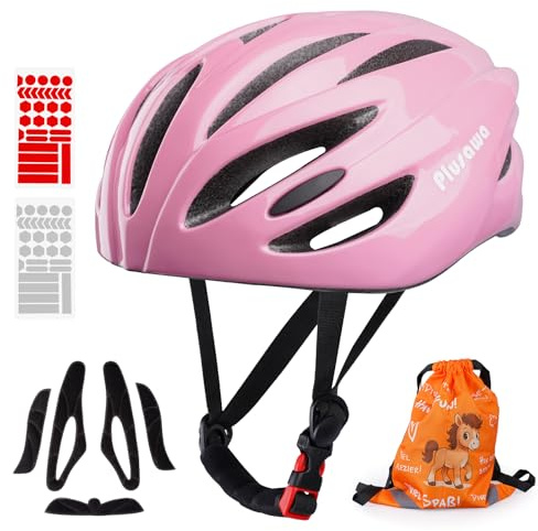 Plusawa Casco da bici per bambini, 50-60 cm, per 3-15 anni, guscio in PC leggero, imbottitura interna, casco multi-sport regolabile, per bambini e bambine (Rosa, M)