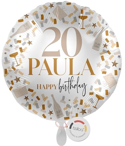 balloa Personalisierter Ballon mit Namen, Geschenk zum 20. Geburtstag, Konfetti Design Gold, Happy Birthday Folienballon mit Wunschtext, Deko für Frauen und Männer, Helium geeignet, 33cm