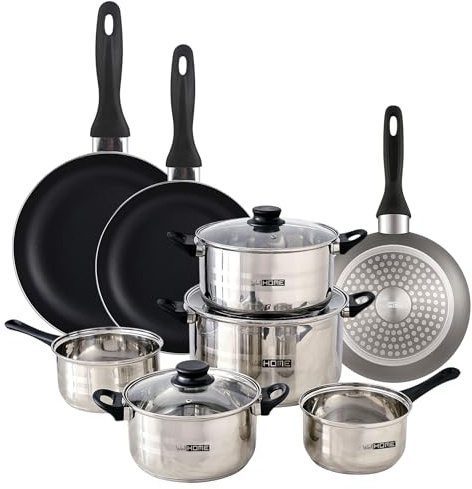 Urban Cook Set de Batería de cocina de 8pc en acero inoxidable + 3 Sartenes Ø16Ø20Ø24cm Gris metalizado en aluminio prensado