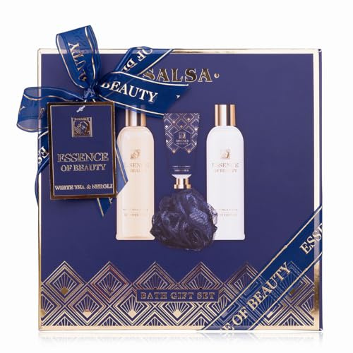 Accentra Badset SALSA ESSENCE OF BEAUTY för kvinnor, lotion, gel, scrub, nätsvamp, vit te- och nerolidoft, presentförpackning, lyx för kvinnor