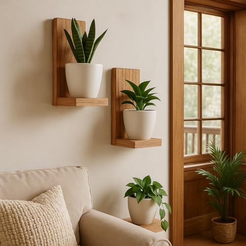 Macetero Decorativo de Pared en Madera Maciza, Estante Flotante para Plantas y decoración de Interiores, Estantería Pared Madera Estilo Moderno y Elegante
