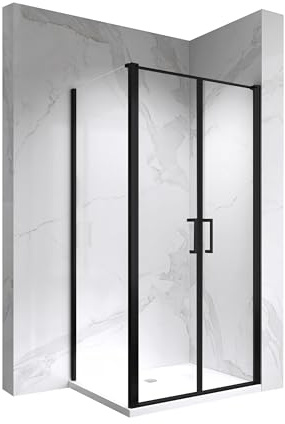 Moments of Glass Eckduschkabine Lara BLACK 82x80x195 cm – 6mm ESG Sicherheitsglas mit Nano-Beschichtung| 2 Pendeltüren mit Hebe-Senk-Mechanismus| Edelstahlgriffe & Metallscharniere| Schwarze Profile