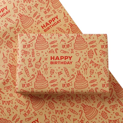 Birthday Wrapping Paper, Happy Gifts Wrapping for Girls Men Boys Women, Red Classic Recyclable Kraft Wrapping Paper for Birthday Party Baby Shower (50 * 70cm*8sheets)
