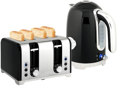 HOMCOM Retro Kettle and Toaster Set with Jug Kettle & 4 Slice Toaster Black | Temp Display, 1.7L 3000W Rapid Boil Stainless Steel, Thermostat Limescale Filter, 7 Browning Controls, Crumb Tray