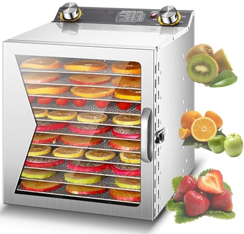 Essiccatore per Alimenti in Acciaio Inox, 8/12/18 vassoi con impostazione della Temperatura da 30 a 90 °C, Max 12 Ore per Verdure e carni, 18 Strati