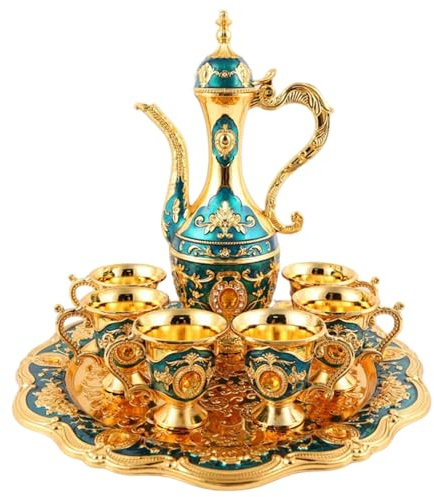 Joygoodta Service à thé Turc, Ensemble de Tasses à café Turques dorées Vintage exquises avec Plateau et 6 Tasses, Verres thé marocains de Luxe en métal pour décorations fête la Maison Vintage