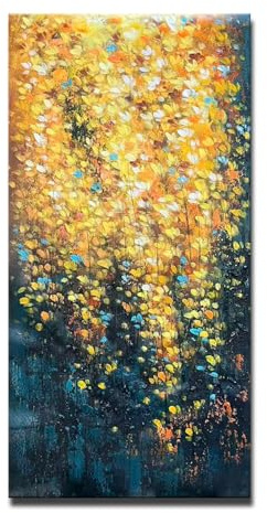 rtSee® Großes handgemaltes Acrylbild auf Leinwand 60 × 120 cm – Abstrakte florale Wandkunst in Gelb Gold Blau – Moderne strukturierte Dekoration für Wohnzimmer Büro Schlafzimmer