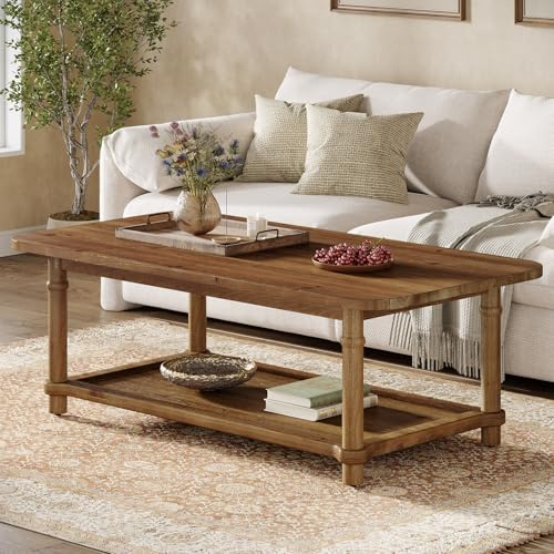 TRIBEWOOD 120cm Rectangle Coffee Table, Solid Wood Centre Table with 2-Tier Storage, Modern Farmhouse Coffee Table for Living Room, Lounge & Family Room, Natural Brown