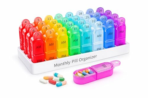 Monthly Pill Organizer Monthly 31 Day AM PM – Pill Sorter Monthly with Large Compartments, 2 Times Pill Container,Monthly Pill Holder for Vitamins, Supplements & Daily Medication