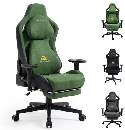 Asukale Gaming Stuhl | Ergonomischer Bürostuhl mit Fußstütze, Kopfstütze, 90-155° Rückenlehne, Wildlederimitat