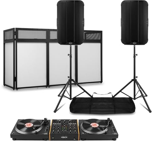 Vonyx Complete Vinyl DJ Setup with 2 Belt Drive Turntables, 4 Channel Rotary Mixer, 15 Inch Active PA Speakers, Speaker Stands, DJ Booth and Cables for Mobile Shows
