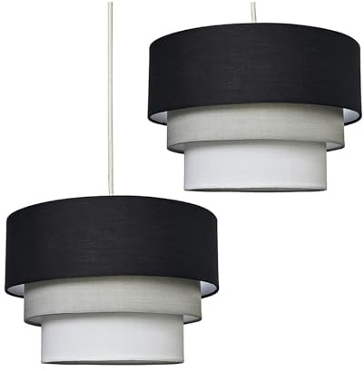 MiniSun | Round Modern 3 Tier Black, Grey and White Ceiling Light Shades | Pendant Lights, Home Décor & Improvement Essential | Set of 2 | 30cm Shade Width