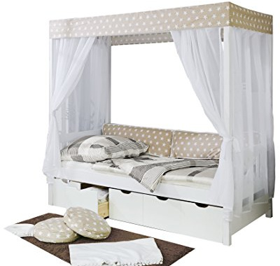 TiCAA Himmelbett Maria Massivholz Kiefer inkl.Tüll-Set Braun Weiß