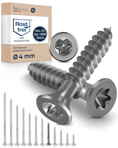 Träskruvar i Rostfritt Stål A2 – Försänkt Huvud Torx TX20 – Helgängade – 4 x 35 mm – 50 Pack – Universalskruvar för Trä