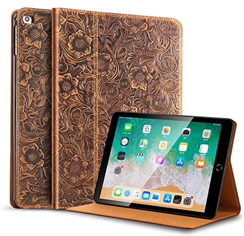 Gexmil Leder Hülle für iPad 9.7 Zoll 6./5. Gen 2018/2017,iPad Air 2./1. Gen | Premium Echtleder Cover/Flip,Auto Schlaf/Aufwachen,Schutzhülle Einstellbarer Ständer,Stoßfest,Blume Braun