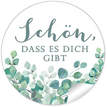 24 STICKER Schön, dass es dich gibt Etiketten als Danksagung EUKALYPTUS ZWEIGE GRÜN MINT WEIß als Siegel für Briefumschläge Anhänger oder Briefe zur Hochzeit Geburtstag Taufe, 4 cm, rund, matt