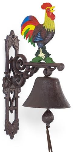 Moritz Gußeisen Wandglocke Bunter Hahn Huhn Hähnchen Glocke Türglocke 38,5 cm Höhe Hausglocke antik Stil braun Klingel Verziert