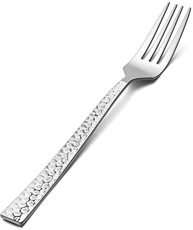 E-far Salad Forks Set of 12, E-far 6.7 Inch Stainless Steel Hammered Dessert Forks for Home, Kitchen or Restaurant, Non-toxic & Mirror Polished, Squared Edge & Dishwasher Safe