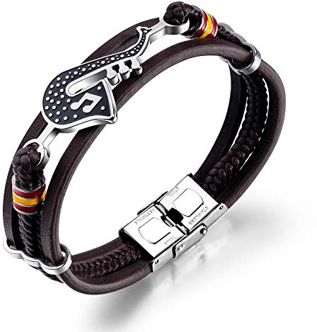 Beydodo Armband Partner Leder 21CM, Lederarmbänder Männer Musikinstrument Gitarre Saxophon Schwarz Leder Armbänder Herren Jungen Freundschaftsarmband