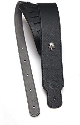 Custom Style T601C02T03 Gitarrengurt aus schwarzem Leder mit Totenkopf-Motiv, Schwarz , One size