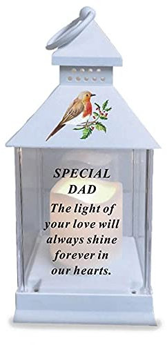Dad Memorial Light Up Christmas Lantern - Robin Holly Floral Candle Graveside Memory Remembrance