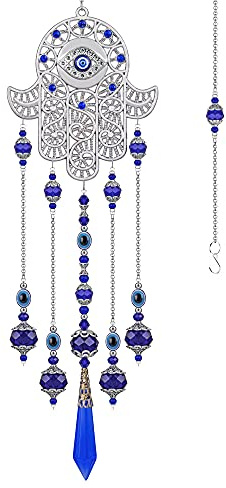 Crystal Prism Suncatcher Ornament with Hamsa Fatima Hand Protection Charm Turkish Greek Blue Evil Eye Sapphire Crystals Beads for Window Hanging Decoration
