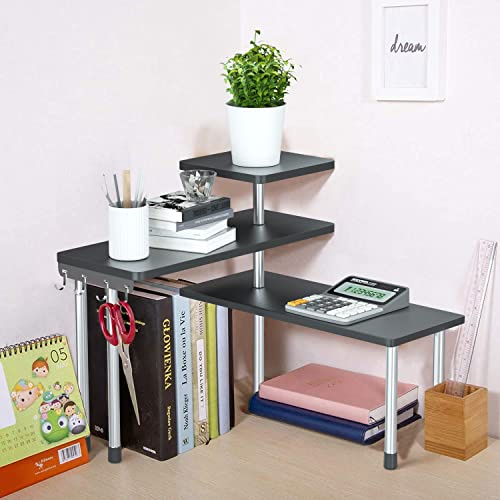 Küchen Eckregal, 3 Etagen Organizer für Arbeitsplatte Gewürzregal (Schwarz) | Platzsparend Küchenregal Tisch Regal Bambus Ecke Aufbewahrung Stehend