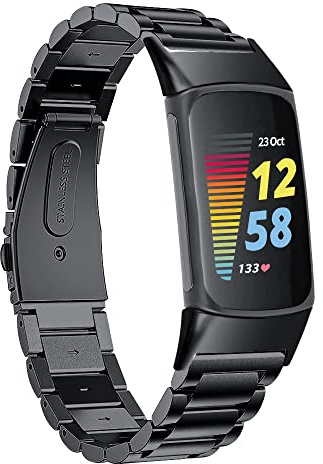 Chofit Bracelets compatibles avec Fitbit Charge 6/Charge 5, bracelets de rechange en acier inoxydable pour traqueur d'activité Charge 5 (Noir)