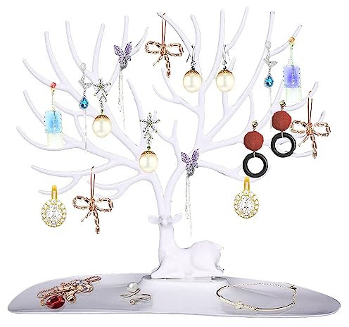 Jewelry Deer Stand, Antler Decoration Jewelry Tree, Rings Necklace Ornament Sika Deer Tree Jewellery Display, for Necklaces, Bracelets, Rings, Earrings (White)