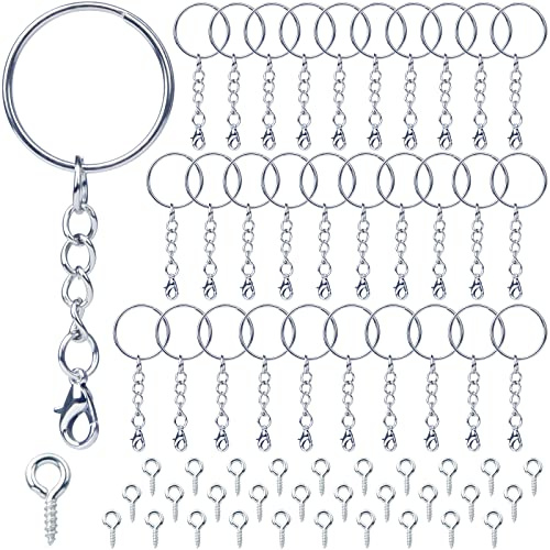 Attache Porte Cléf 60 Pièces Anneau Porte Clé avec Chaîne, 25 mm Anneaux Porte Clé Loisir Creatif Kit Porte Clef a Fabriquer pour DIY Bricolage Bijoux(Argent)
