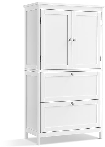 VASAGLE Armoire de Salle de Bain, Meuble de Rangement, Placard de Cuisine avec 2 Portes, 2 Tiroirs, Étagères Réglables, 30 x 60 x 110 cm, Blanc BBC551P31