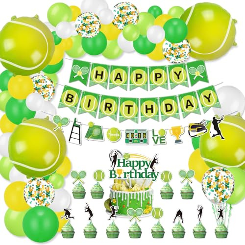 Decoraciones de fiesta de tenis incluye pancarta de feliz cumpleaños, globos y adornos para cupcakes, temática deportiva, fiesta de cumpleaños para hombres, mujeres y niños