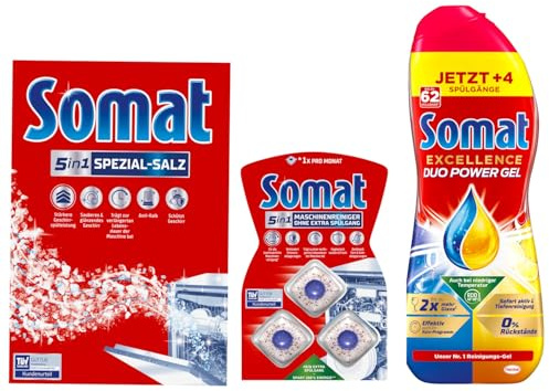 Somat Excellence Duo Power Gel Zitrone, Limette 58 WL & Maschinenreiniger Tabs Anti-Kalk (3 WL) monatlichen Gebrauch, kein extra Spülgang & Somat Spezial Salz 1,2Kg