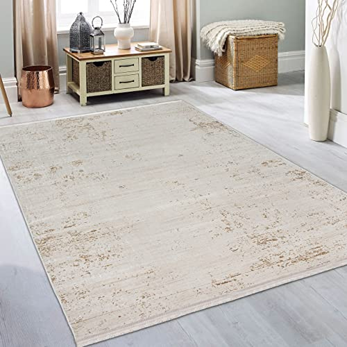 Teppich-Traum Teppich Vorleger Abstrakt Modern Designer Vintage Pflegeleicht Hautsympathisch Schmutzabweisend - Gold weiß, 200 x 290 cm