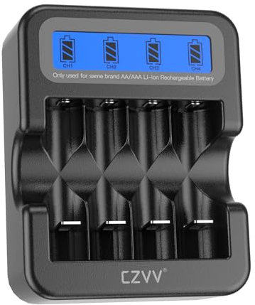 czvv Caricatore di Batterie Ricaricabili Litio 1,5V, Caricabatterie LCD 4-Slots per Pile AA AAA,Funzione di Ricarica Rapida, Ingresso di Tipo C, Ricarica rapida 2H, Protezione da Sovraccarico (Bianco)
