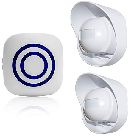 SiegenPro Sonnette de Porte avec détecteur de Mouvement, kit de Sonnette d'extérieur sans Fil avec détecteur de Mouvement Infrarouge et récepteurs à Brancher (2 Capteur + 1 Récepteur(Blanc))