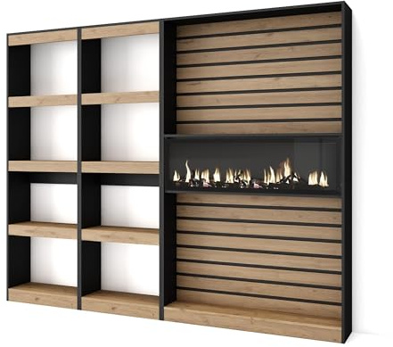 Skraut Home | Bücherregal Bibliothek | Bookshelf, Bookcase | 230x186x25cm | Wohnzimmer, Esszimmer, Büro | Elektrokamin | Moderner Stil | Eiche Schwarz