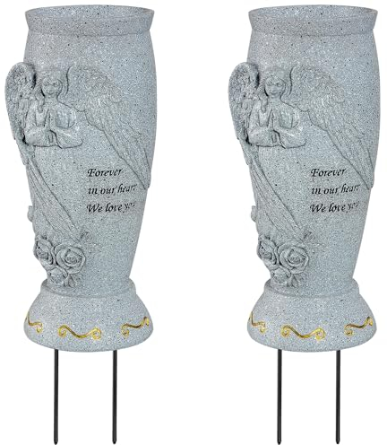SIFOEL Cemetery Grave Vase, Memorial Grave Vase with Ground Spikes, Angel Vases for Artificial Flowers, Grave Flowers Holder for Cemetery Headstone Outdoor Use (2Pcs)