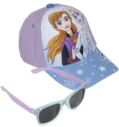 Set Gorra y Gafas de Sol de Frozen - Color Lila y Azul - Protección UV 400 y Filtro de Categoría 3 - Gorra Infantil con Velcro Ajustable - Producto Original Diseñado en España
