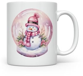 MAXIKIWI - Tasse à café ou à thé en céramique lisse et durable pour la maison ou le bureau - Parfait pour toutes les occasions - Bonhomme de neige rose dans une boule à neige - 350 ml