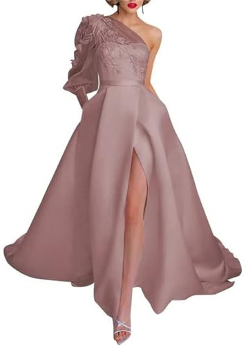 Robe de bal à une épaule en dentelle avec appliques Robes de mariée à manches longues en satin Robe A Princesse de bal WSX468, vieux rose, 34
