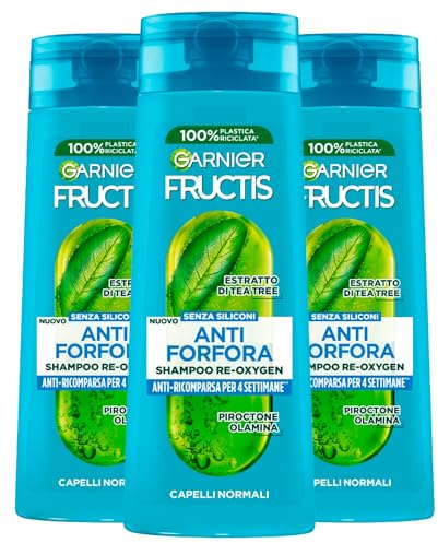 Garnier Fructis Shampoo Anti-Forfora Re-Oxygen per Capelli Normali Formula Vegana con Estratto di Tea Tree Senza Siliconi Previene ed Elimina la Forfora - 3 Flaconi da 250ml