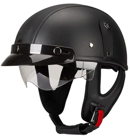 QJWMatic Vintage-Jet-Helm, Halber Motorrad-Helm Vintage-Leder Mit Brille Roller-Helme Street-Cruiser-Helme Für Damen Und Herren ECE-Geprüft D,M57-58CM