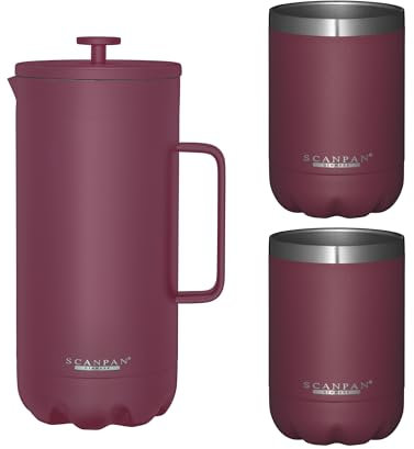 Scanpan TO GO Cafetière à piston 1,0 L (rouge persan) + 2 tasses à vide de 350 ml (rouge persan) – Acier inoxydable 18/8 de qualité alimentaire – Revêtement anti-rayures – Passe au lave-vaisselle