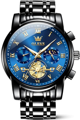 OLEVS Blue Mens Watches Black Stainless Steel Men's Wrist Watch Waterproof Stylish Moon Phase Analog Quartz Watches for Men Nice Luxury Fancy Diamond Large Dial Reloj para Hombre