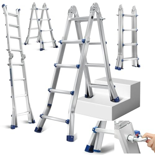 Fiqops Scala telescopica 4 m x 4 gradini, in alluminio, antiscivolo, portata 150 kg/330 LB, scala in alluminio allungabile