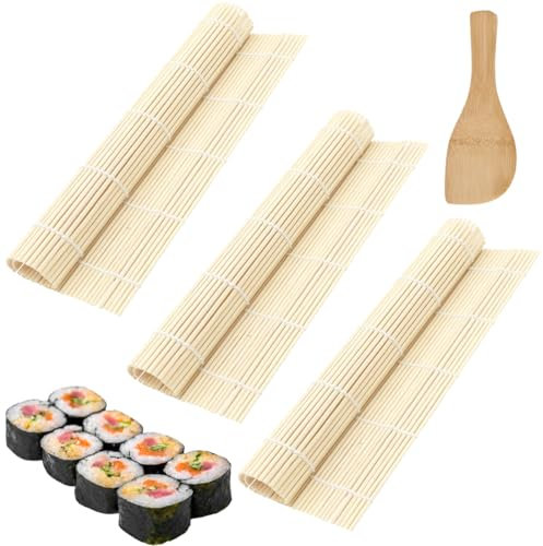 KOLZEMV Bambusmatte für Sushi 3 Stück, Natürliche Bambusrolle für Maki, Anfänger Sushi-Bastelset