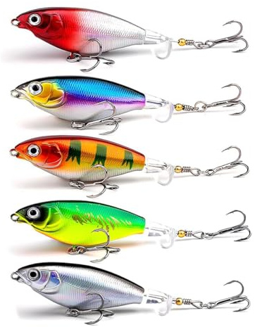 Topwater Angelköder, 5 Stück, Popper, Plopping für Barsch, Topwater 3D-Augen, Köder mit Propellerschwanz für Wels, Zander, schwimmender Bleistift, Barsch, Süß- oder Salzwasser